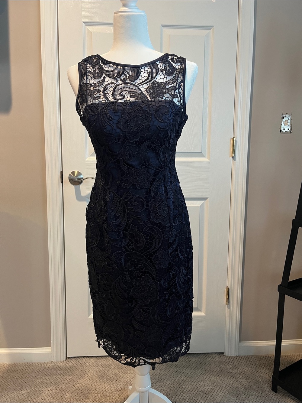 Adrianna Papell Navy Lace Illusion Midi Dress